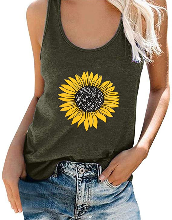 2021 Summer Cross-border Amazon Explosions Women's Top Sunflower Printed Sleeveless Vest Round Neck Women's T-Shirt