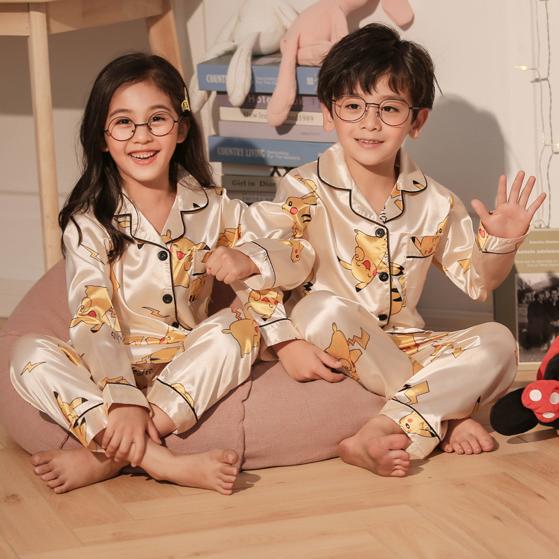 Children's Pajamas Thin Boys and Girls Big Baby Summer Suit Girls Kids Long Sleeve Ice Silk Air Conditioning Home Clothes