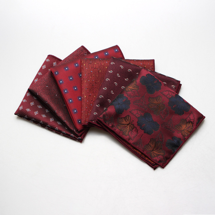 Men's formal wear business Wedding actor suit polyester wine red pattern pocket towel can be equipped with gift box