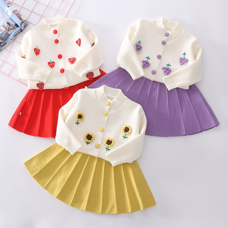 Children's knitted sweater dress 2022 New girls' fruit handmade flower two-piece dress baby fashion children's clothing top