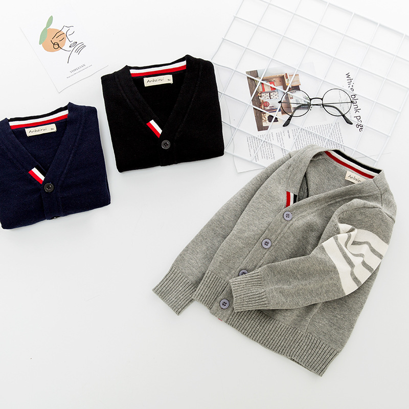 isn children's clothing 19 autumn and winter European and American children's striped knitted sweater long sleeve V-neck cardigan knitted sweater pure cotton