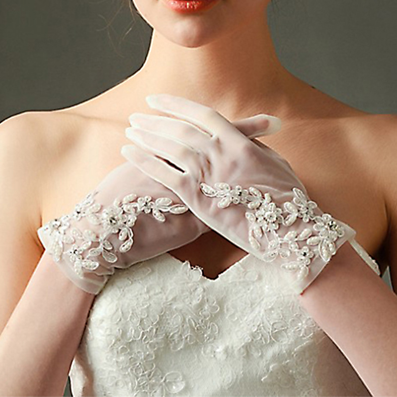 New Bridal wedding dress evening gloves crystal net handmade beaded flower etiquette wedding gloves wholesale