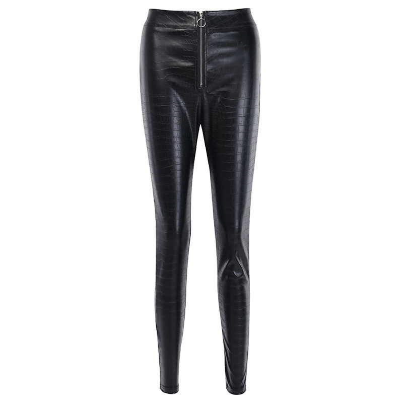 High Waist Casual Crocodile Leather Pants Women's Fall/Winter Slim-Fit PU Leather Fashionable Instagram Style Zipper Leggings