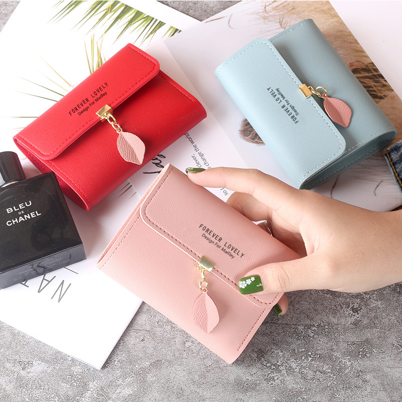 New small wallet female short student Korean fashion small fresh leaf three fold buckle coin purse card bag wholesale