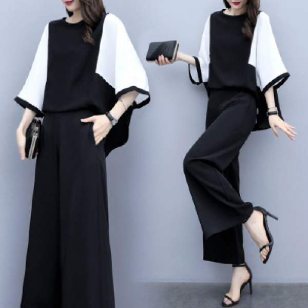 2020 New Women's Clothing Spring and Summer Two-piece Pants Stitching Loose Top Wide Leg Pants Casual Fashion Suit Women's Large Size
