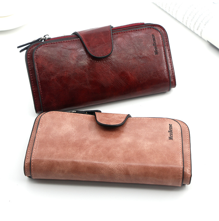Stilvolle lange Geldbörse für Damen, einfaches Ölwachsleder, einfarbig, Münzgeldbörse, Clutch für Damen_voghion.com