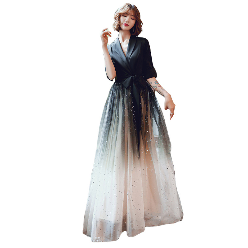 Evening Dress Women's 2022 New Banquet Fairy Fantasy Mori Black Gradient Long Host Evening Dress