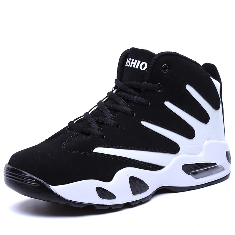 8812 men's and women's basketball shoes spring, autumn and winter high-top striped leather cow sneaker air cushion shock-absorbing plus size cross-border