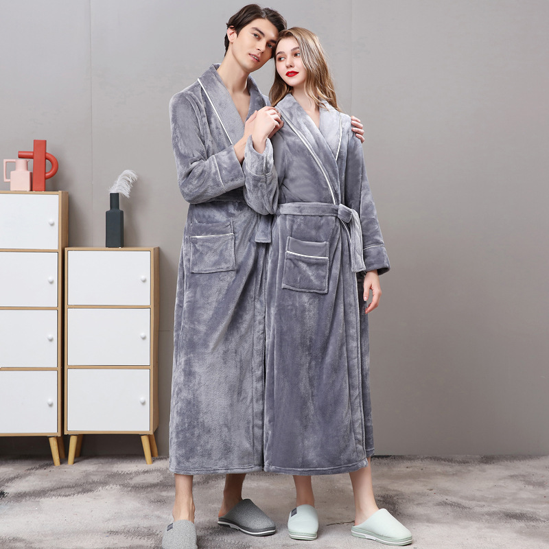 Couple's Nightgown Women's Autumn and Winter Thickened Long Flannel Bathrobe Men's Plus Size Plus Velvet Pajamas Home Clothes Morning Blisters