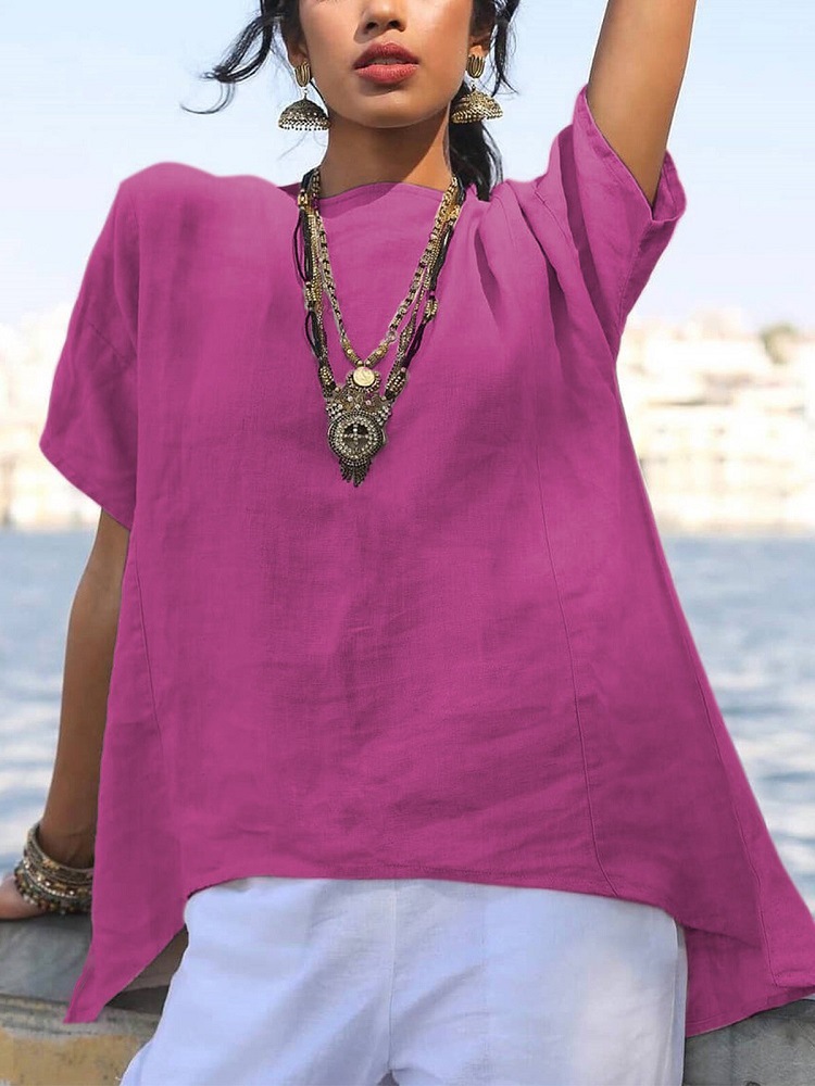 2023 European and American Cross-border Spring and Summer Solid Color Cotton and Linen Shirt Irregular Hem Short Sleeve Stitching Loose Round Neck Top for Women