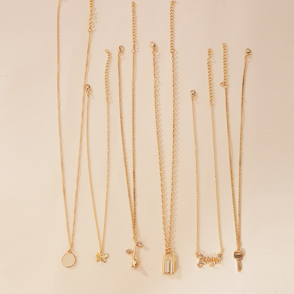 multi-layer necklace creative simple lock rose pendant necklace suit 6 pack_voghion.com