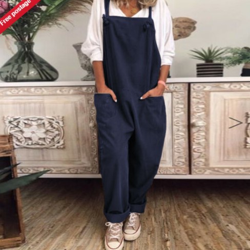 Ebay2023 Summer New Solid Color Casual Retro Pocket Sleeveless Cotton Linen Jumpsuit with Adjustable Lace