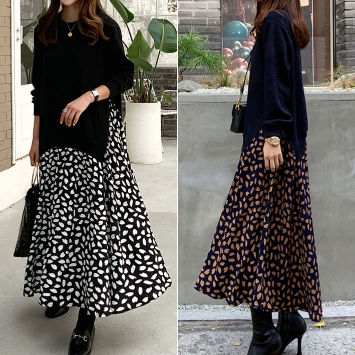 2020 Autumn Large Size Women's Long-Sleeved T-Shirt Stitching Printed Large-Swing Dress Crewneck Fake Two-Piece Long Dress