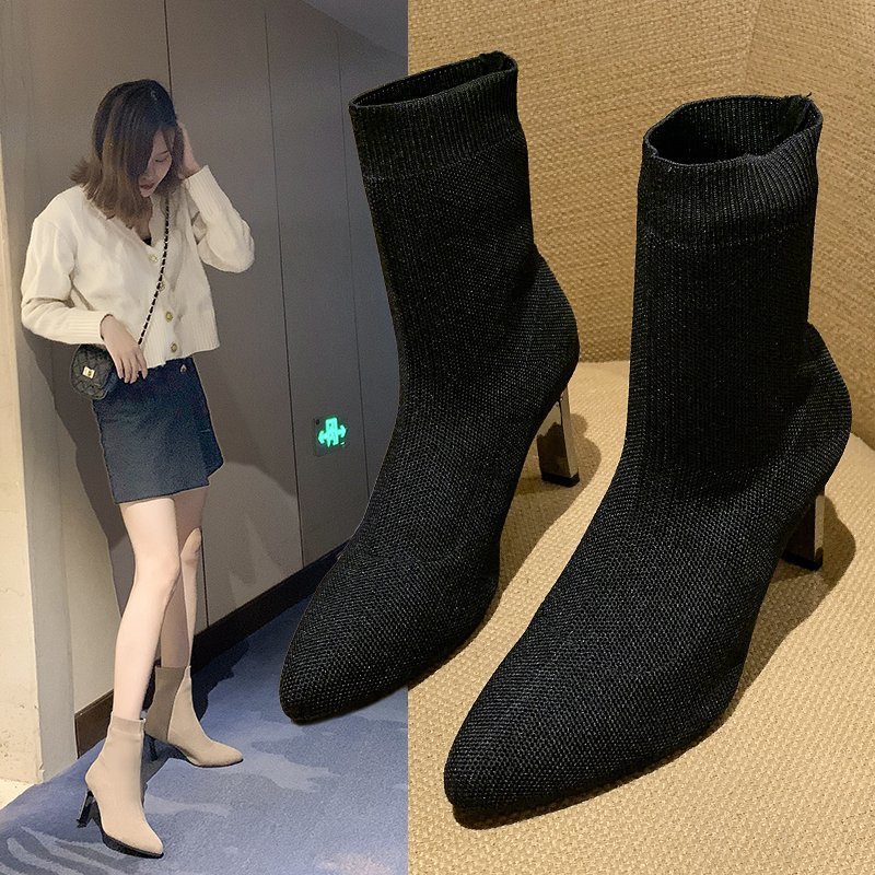 Špicaté ponožky Čižmy Dámske hrubé podpätky 2023 Jarná novinka Vysoké podpätky strečové čižmy s plochým podpätkom Vlnené čižmy Móda Krátke čižmy_voghion.com
