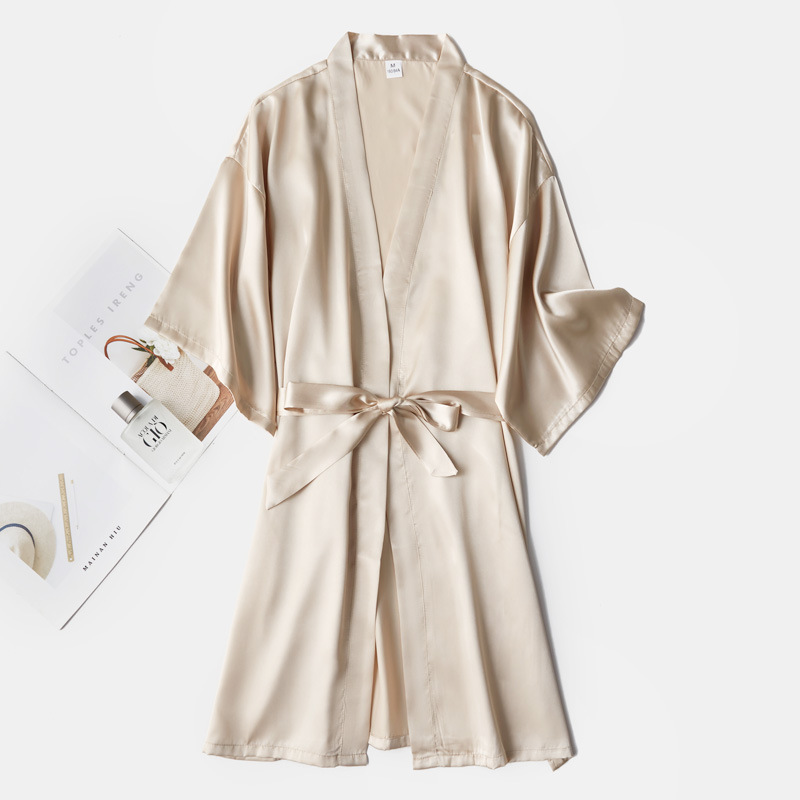 Women's Half-Sleeve Silk Nightgown Wedding Makeup Gown Thin Cardigan Gown Bridal Morning Gown Girlfriend Gown Solid Color Wordless