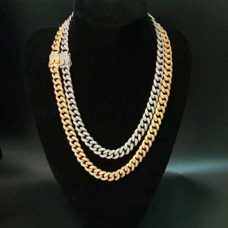 European and American hip hop Cuban chain rhinestone 12.5mm bracelet men's gold chain temperament necklace fashion jewelry factory wholesale