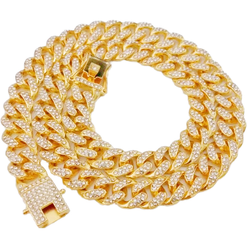 European and American hip hop Cuban chain rhinestone 12.5mm bracelet men's gold chain temperament necklace fashion jewelry factory wholesale