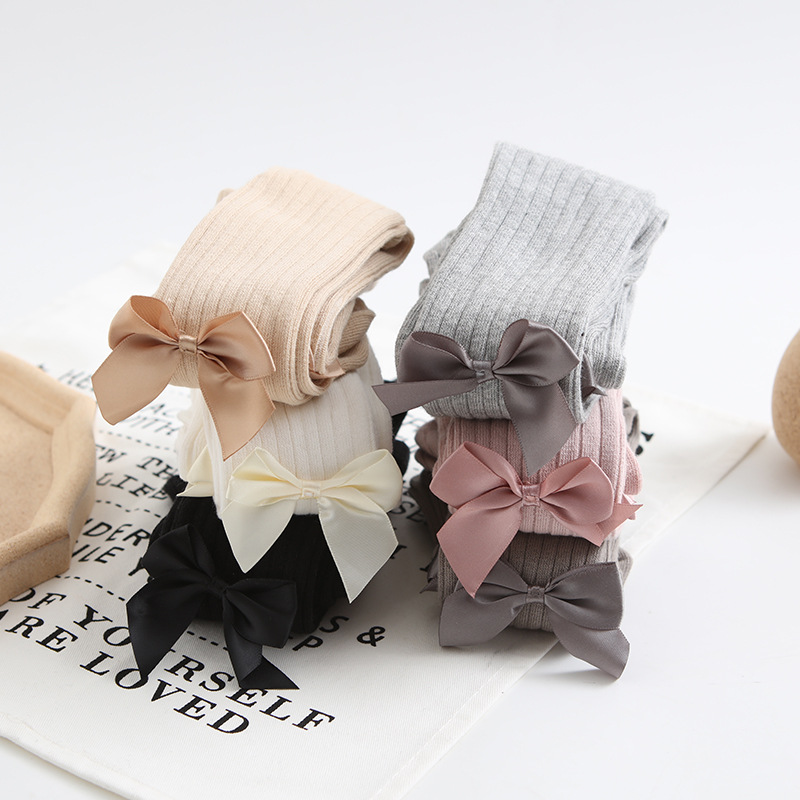 Spring and Autumn new big bow children's pantyhose leggings combed cotton six-color solid color sweet cropped girl