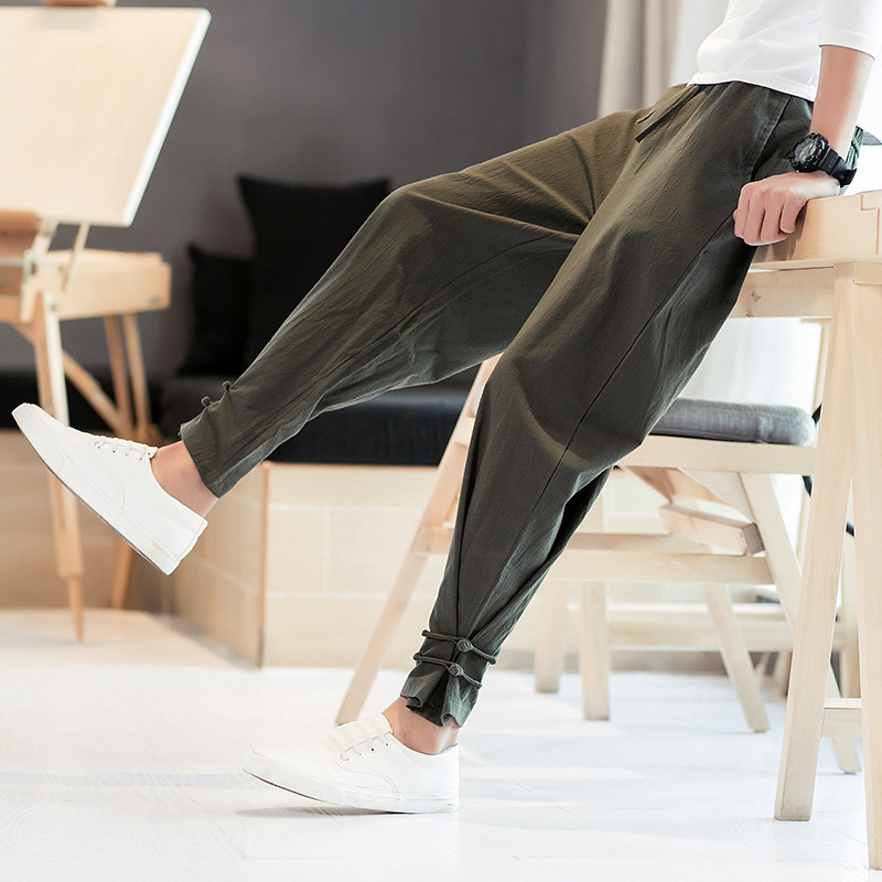 Linen Casual Trousers Thin Men's Chinese-style Loose Hallen Pants Large Size Sports Cropped Pants Men's Tie Pants