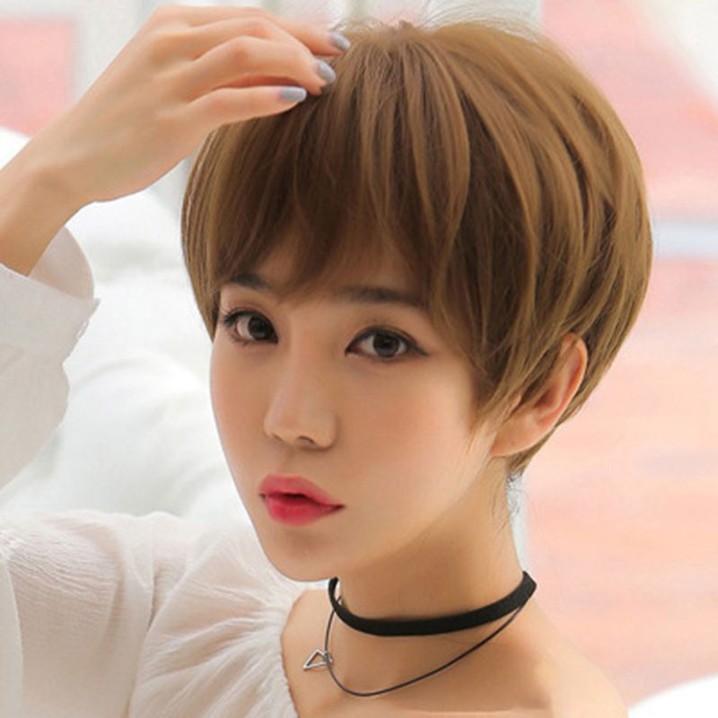 Wig Women's Short Hair Hanging Ear Dyeing and Ironing Comic Air Bangs Medium Long Hair Natural Full Head Cover Bobo Head Clavicle Hair