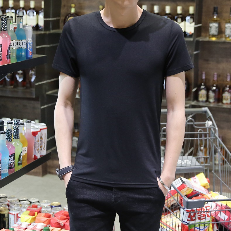 Color T-shirt men's Korean-style round neck youth thin short-sleeved T-shirt black slim bottoming shirt milk Silk