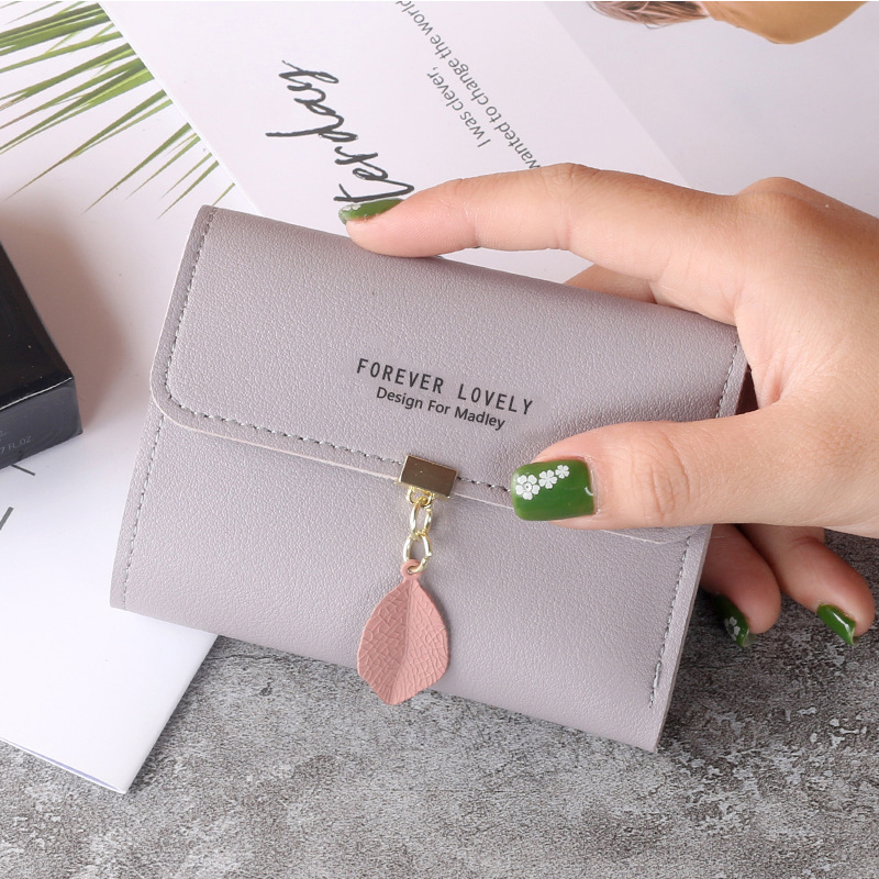 New small wallet female short student Korean fashion small fresh leaf three fold buckle coin purse card bag wholesale