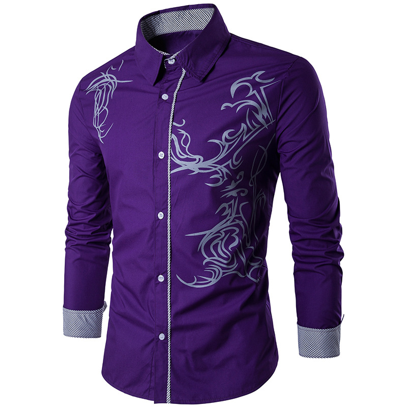 Spring New Men's Shirt Men's Long Sleeve Tattoo Print Long Sleeve Slim Fit Shirt