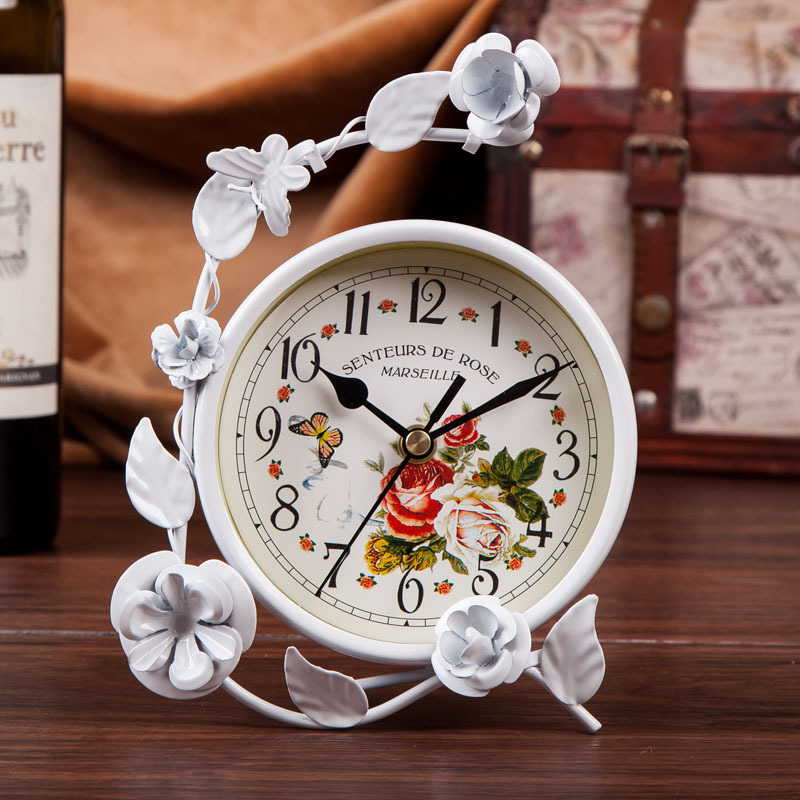European Style Quiet Desk Clock Bedroom Living Room Creative Clock Ornaments Pastoral Iron Desktop Clock Clock Clock Double Sided Clock