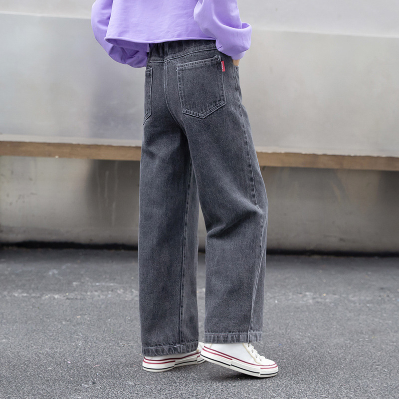 Girls' Jeans Large Children's Loose Western Style Children's Pants 2022 Autumn and Winter Children's Fleece-Lined Wide-Leg Pants Korean Style Children's Fashion