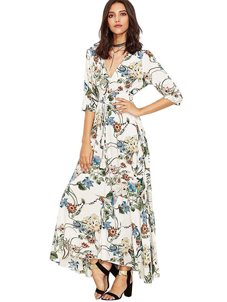 Amazon New Bohemian Retro Ethnic Pattern Vacation V-Neck Loose Long Dress