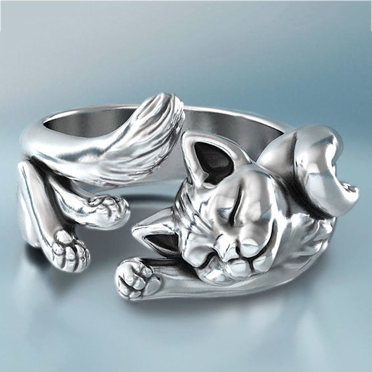 Zhen Rong wish new kitten opening ring Europe and the United States plated 925 retro Thai silver black live cat totem ring