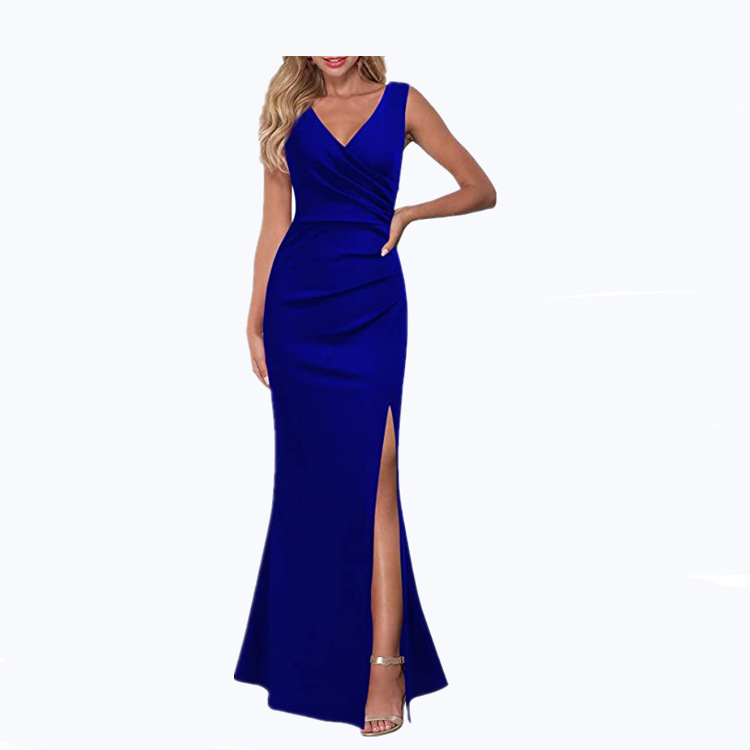 2020wish Cross-border Summer New European and American Dress Solid Color Slim Slim Strap Split Long Dress