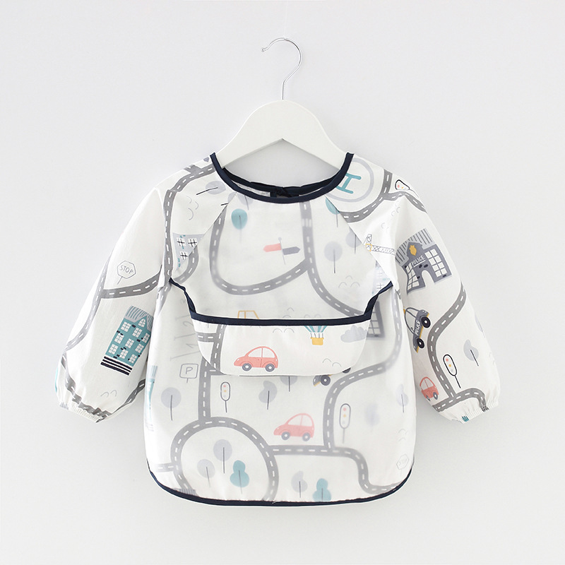 Children's Overalls Waterproof Long-Sleeved Anti-Dressing Baby's Eating Clothes Apron Cotton Children's Bib Guard with Food Pocket