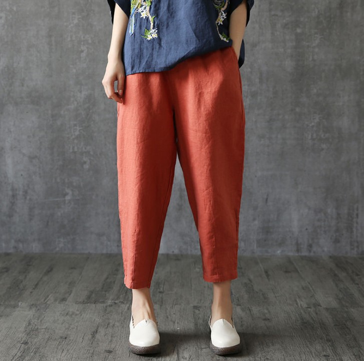 HKcis Cotton Women's Pants Cropped Loose Cotton and Linen Loose Waist Wide Leg Pants Vintage Artistic All-match Casual Pants Free Shipping