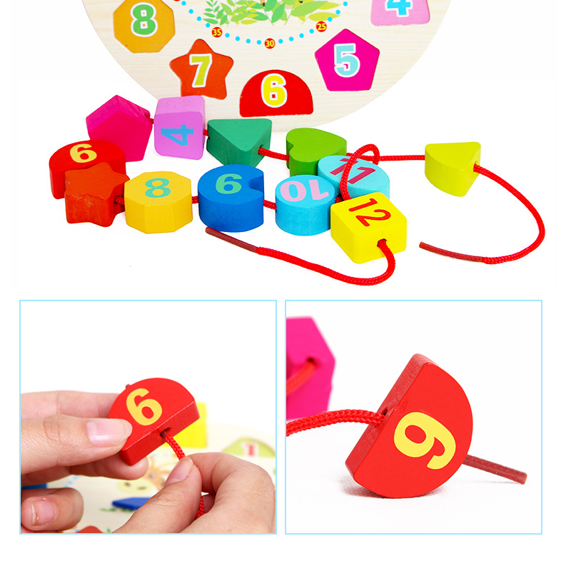 Wooden Children Digital Animal Clock String Digital Geometric Cognitive Alarm Clock Building Blocks Toy