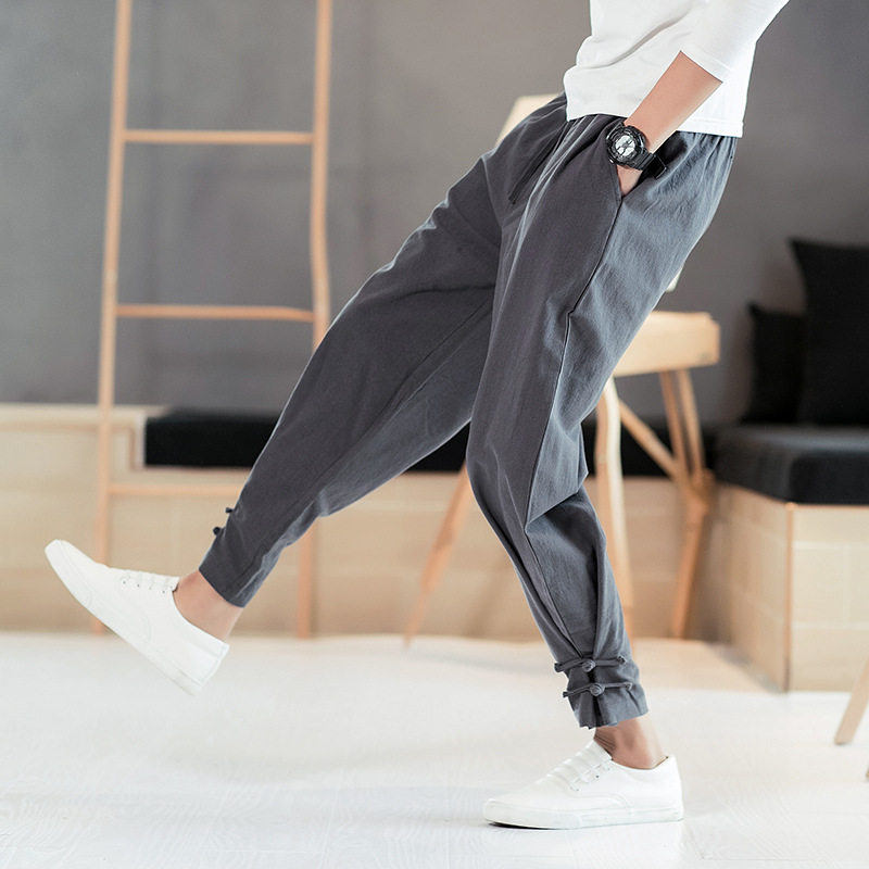 Linen Casual Trousers Thin Men's Chinese-style Loose Hallen Pants Large Size Sports Cropped Pants Men's Tie Pants