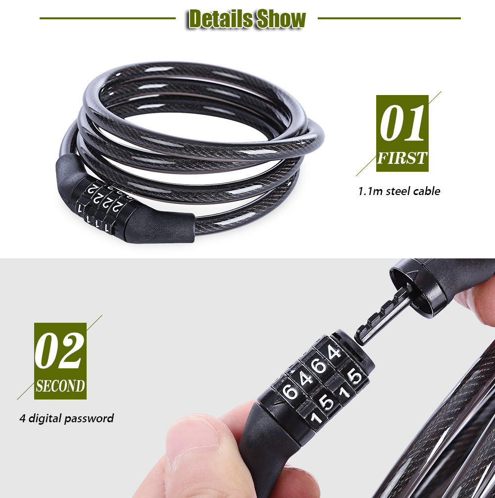 Bicycle four-digit combination lock mountain bike lock electric car steel cable steel wire chain lock 532 bicycle anti-theft lock