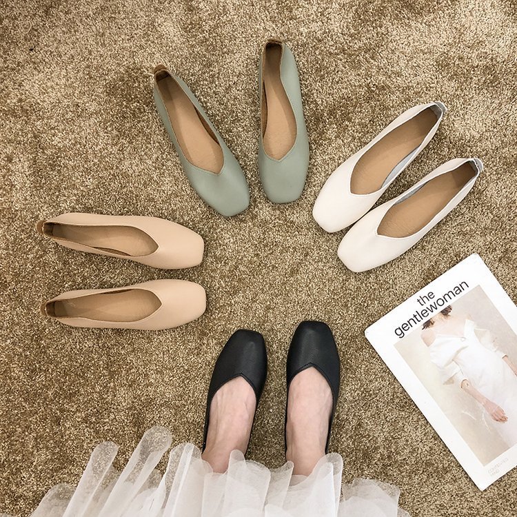 Baotou Square Toe Shoes Women's Shallow Mouth Soft-soled Comfortable Flat-soled Beans Shoes Flat Half-drag One-step Lazy Shoes Spring and Autumn