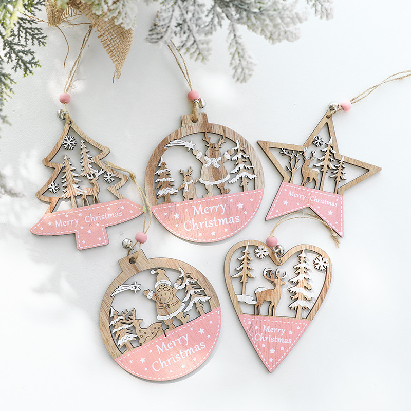 Cross-border New Christmas Tree Pendant Decoration Pink Painted Wooden Five-pointed Star Pendant Love Santa Claus