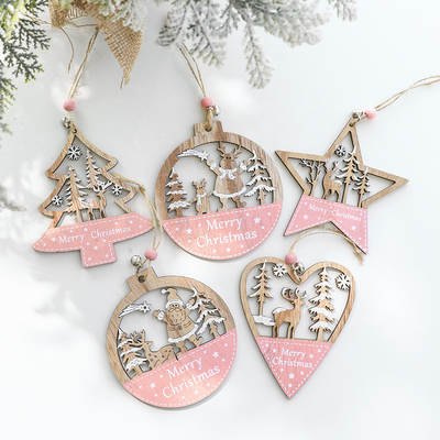 Cross-border New Christmas Tree Pendant Decoration Pink Painted Wooden Five-pointed Star Pendant Love Santa Claus