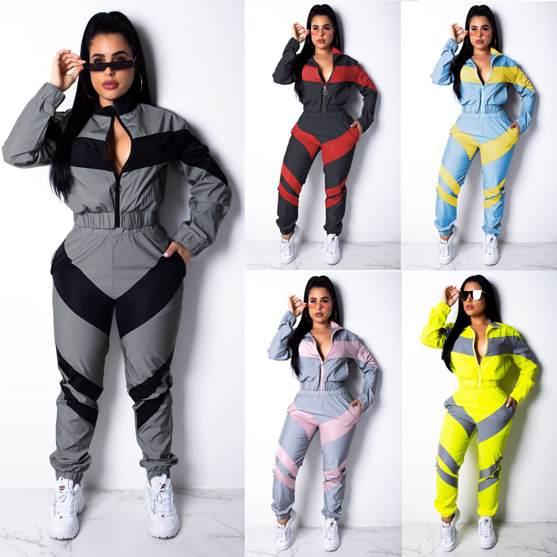 D9056 European and American women's solid color two-color stitching long sleeve windbreaker suit [pants without pocket]]