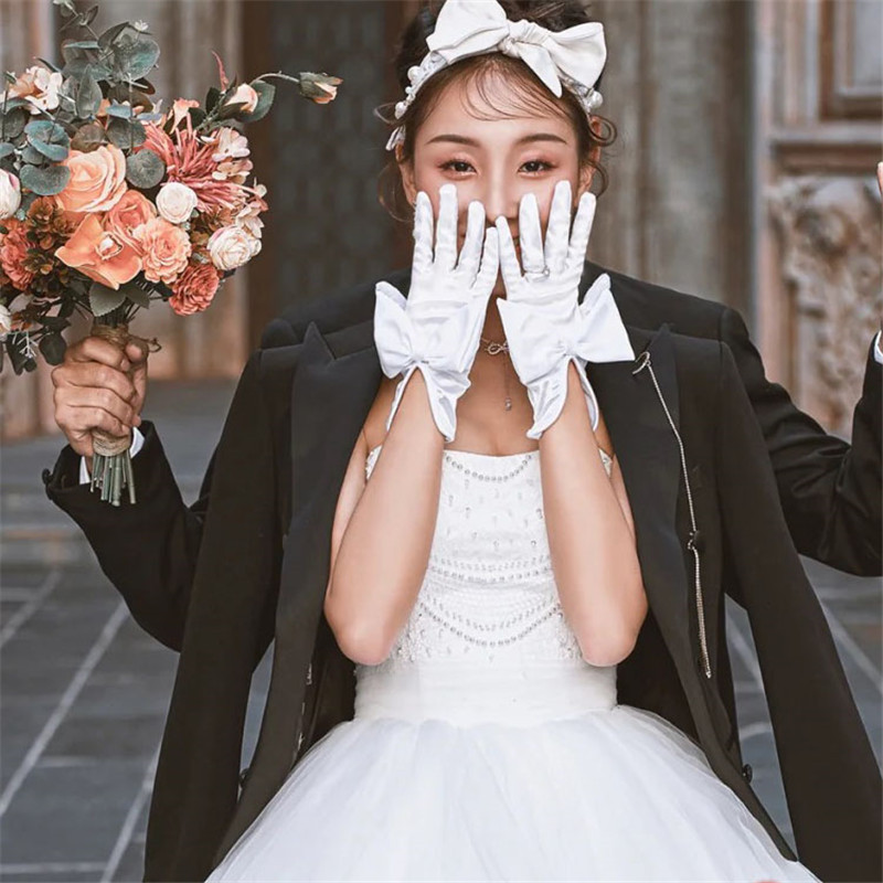 Cheap wholesale bridal wedding gloves wedding accessories elastic satin bow white gloves wedding gloves women