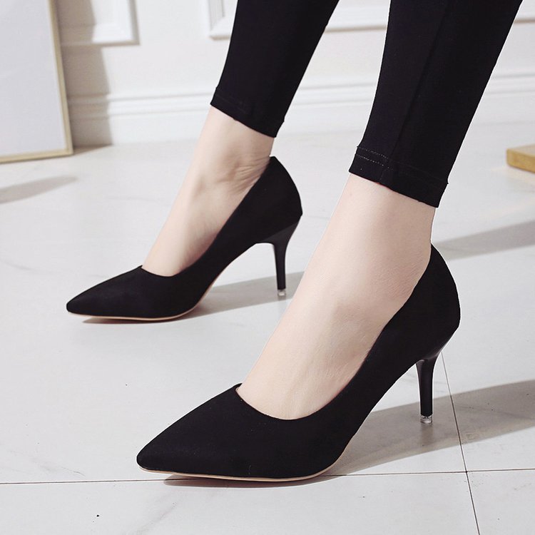 2020 new women's high heels stiletto heel pointed single-layer shoes professional work shoes black suede plus size women's shoes wholesale
