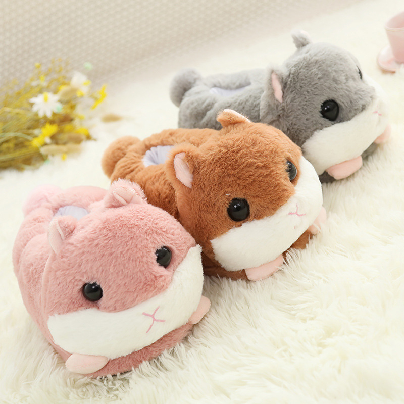 Factory direct simulation hamster plush home slippers cute girl heart mouse floor non-slip hamster bag heel shoes