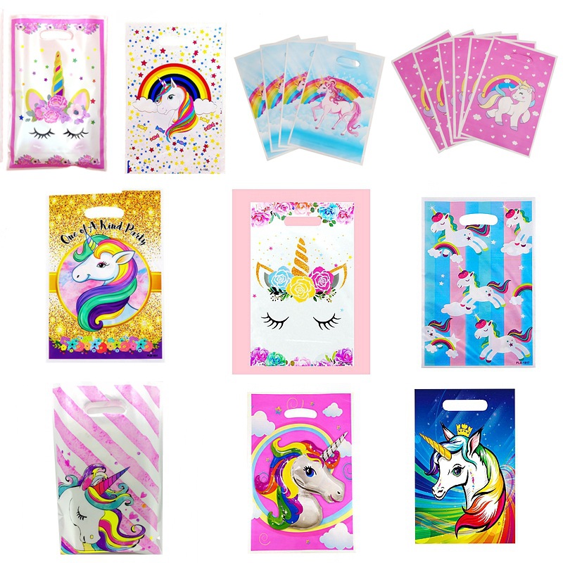 10 Cartoon Unicorn Party Gift Bag Back Gift Bag Children's Birthday Candy Bag Pearl Film Plastic Packaging Bag