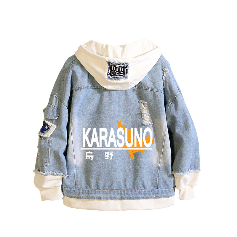 Volleyball Junior Wu Ye University Volleyball Department Rixiang Xiangyang Animation Men's and Women's Fake Two-Piece Hole Fashion Denim Jacket