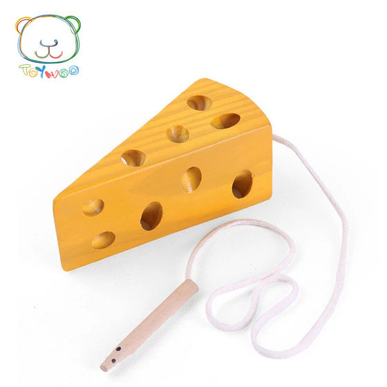 Early childhood education children wearing rope toy mouse cheese wooden baby educational pull string threading toy game wholesale