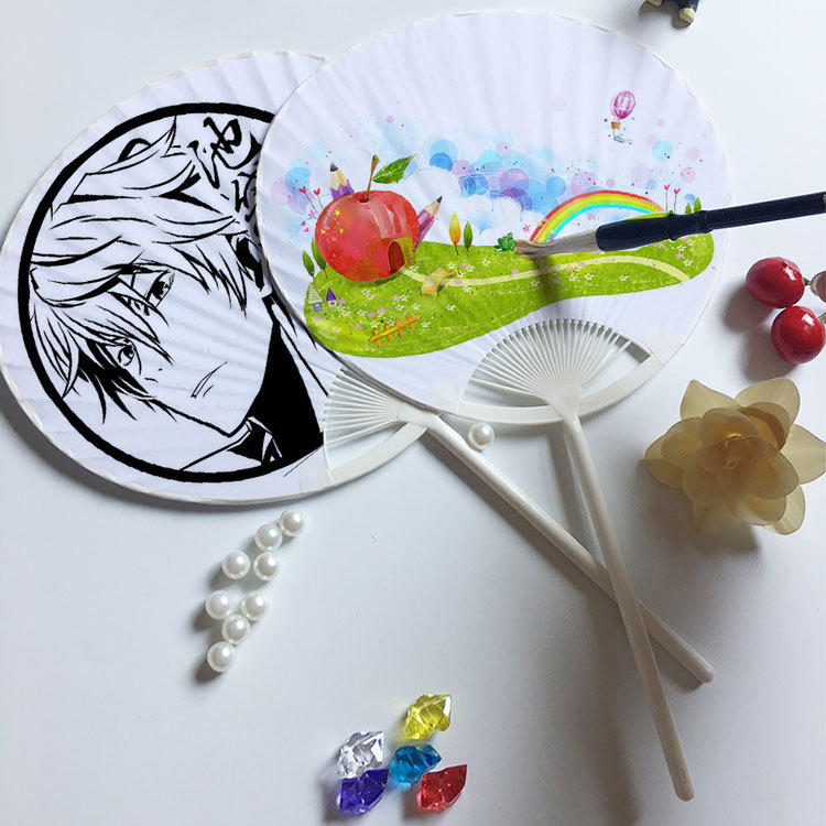 Paper fan hand painting blank diy paper Palace fan children's painting handmade graffiti painted round fan wholesale