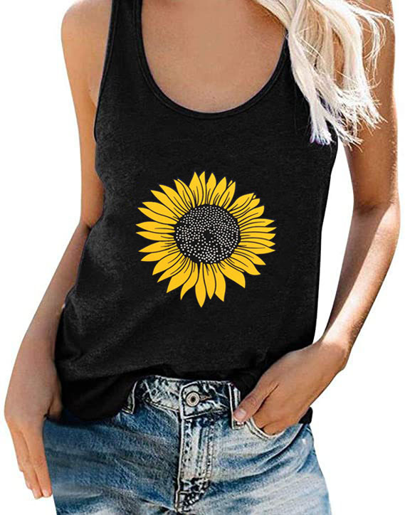 2021 Summer Cross-border Amazon Explosions Women's Top Sunflower Printed Sleeveless Vest Round Neck Women's T-Shirt