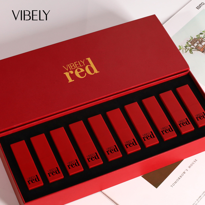 VIBELY Red Lip Love Honey Lipstick Matte Fog Long-lasting Waterproof Chinese Red Lipstick Ten Color Gift Box suit